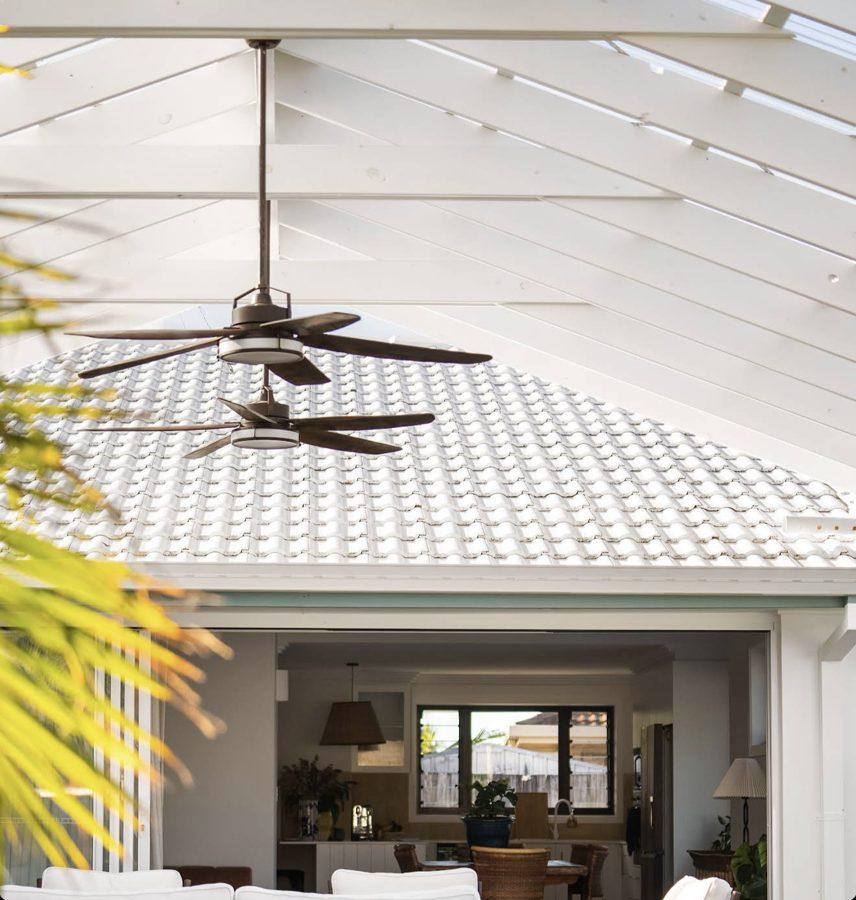 Nath and Beks' timber gable patio with white raked ceiling